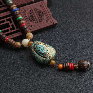 Antique Bronze Buddha Wooden Beads Necklace-Taikongsky