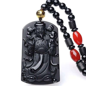 Chinese God of Wealth Pendant Obsidian Talisman Necklace-Taikongsky