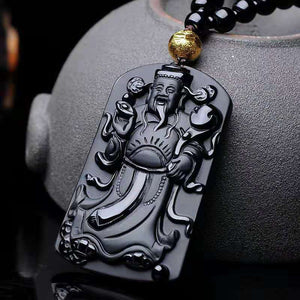 Chinese God of Wealth Pendant Obsidian Talisman Necklace-Taikongsky