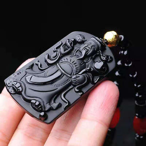 Chinese God of Wealth Pendant Obsidian Talisman Necklace-Taikongsky