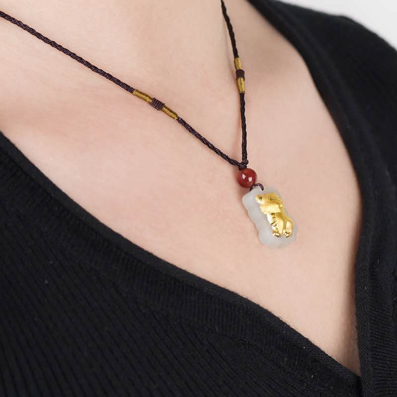Chinese Zodiac Gold Mounted Jade Necklace -Taikongsky