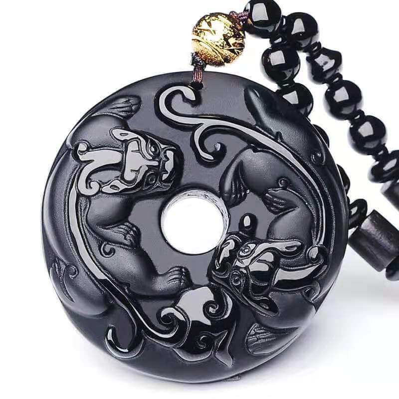 Double Pixiu Pendant Obsidian Talisman Necklace-Taikongsky