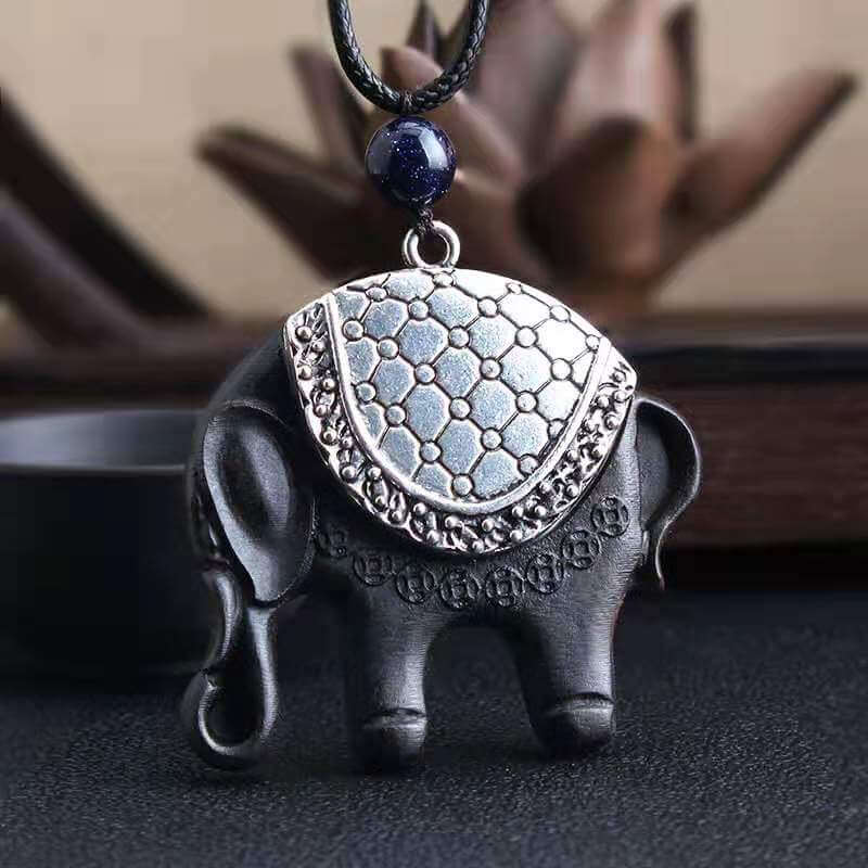 Ebony Elephant With Alloy Pendant Necklace-Taikongsky