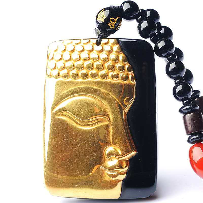 Gold Buddhism Sakyamuni Pendant Obsidian Talisman Necklace -Taikongsky