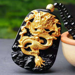 Gold Chinese Dragon Pendant Obsidian Talisman Necklace-Taikongsky