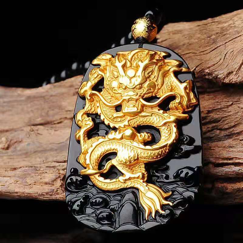 Gold Chinese Dragon Pendant Obsidian Talisman Necklace-Taikongsky