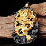 Gold Chinese Dragon Pendant Obsidian Talisman Necklace-Taikongsky