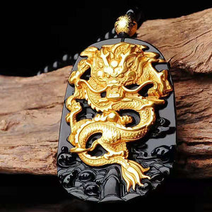Gold Chinese Dragon Pendant Obsidian Talisman Necklace-Taikongsky