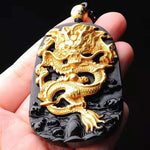 Gold Chinese Dragon Pendant Obsidian Talisman Necklace-Taikongsky