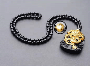 Gold Chinese Dragon Pendant Obsidian Talisman Necklace-Taikongsky