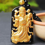 Gold Chinese God of Wealth Pendant Obsidian Talisman Necklace-Taikongsky