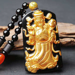 Gold Chinese God of Wealth Pendant Obsidian Talisman Necklace-Taikongsky