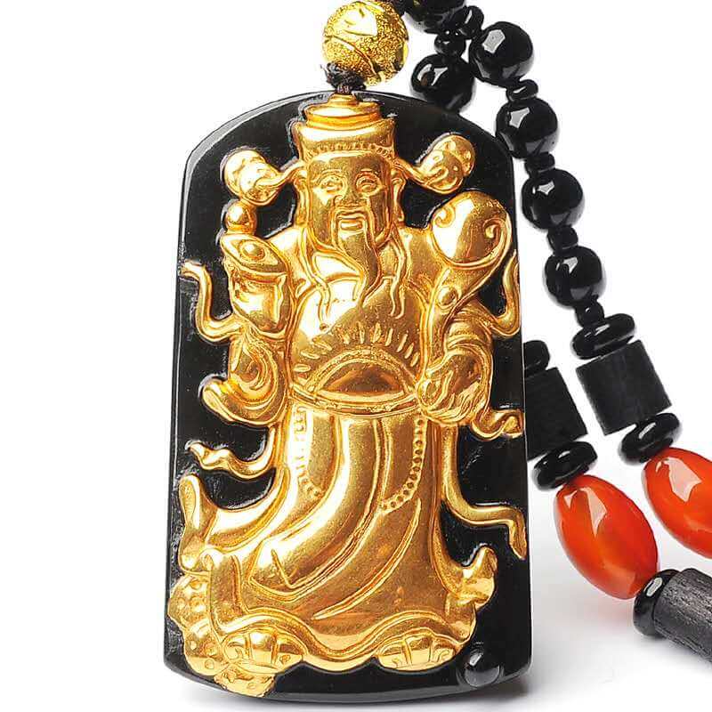 Gold Chinese God of Wealth Pendant Obsidian Talisman Necklace-Taikongsky