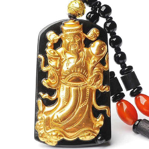 Gold Chinese God of Wealth Pendant Obsidian Talisman Necklace-Taikongsky