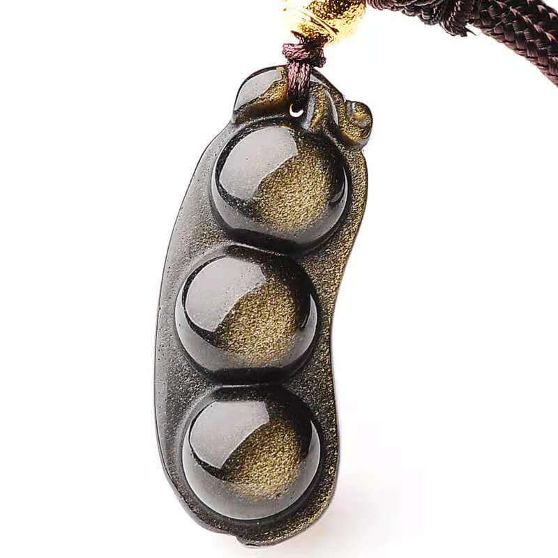 Green Bean Pendant Golden Obsidian Necklace-Taikongsky