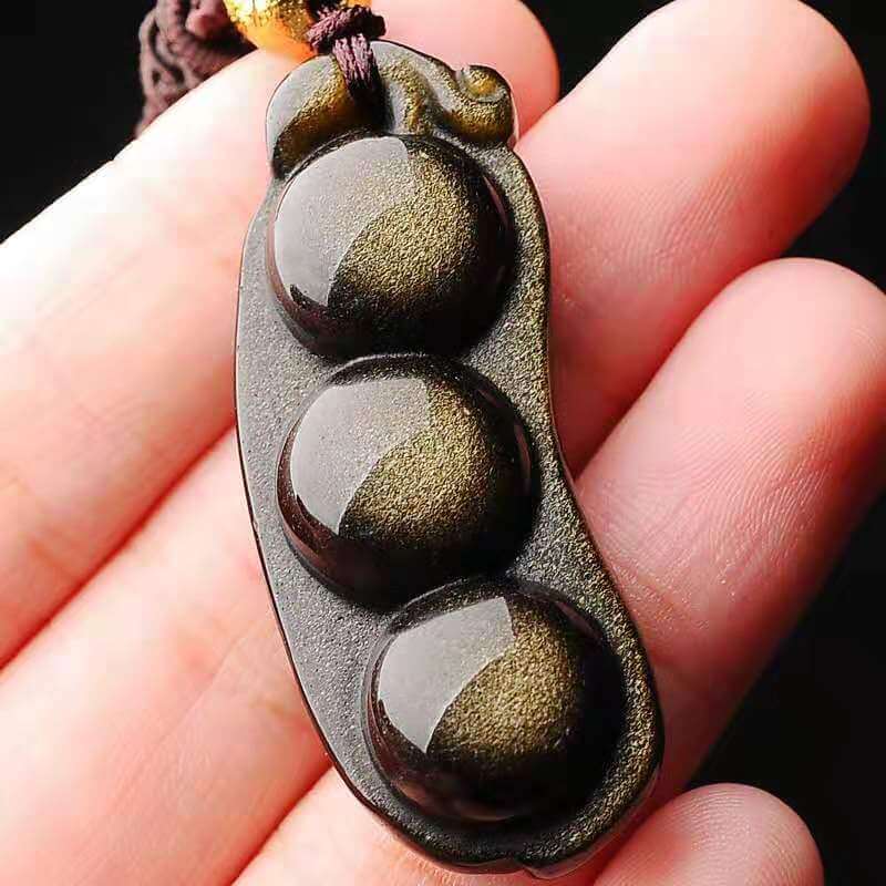 Green Bean Pendant Golden Obsidian Necklace-Taikongsky
