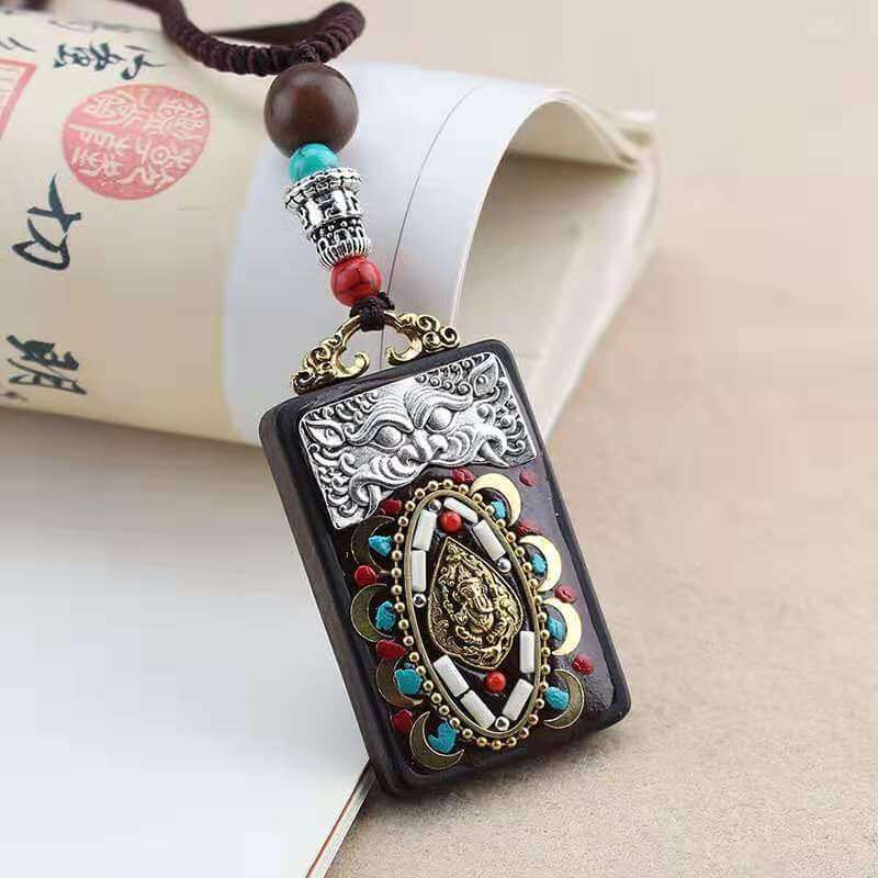 Guan Yin Ganesh Gold Deva Eye Ebony Pendant Necklace-Taikongsky