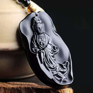 Guan Yin Pendant Obsidian Talisman Necklace-Taikongsky