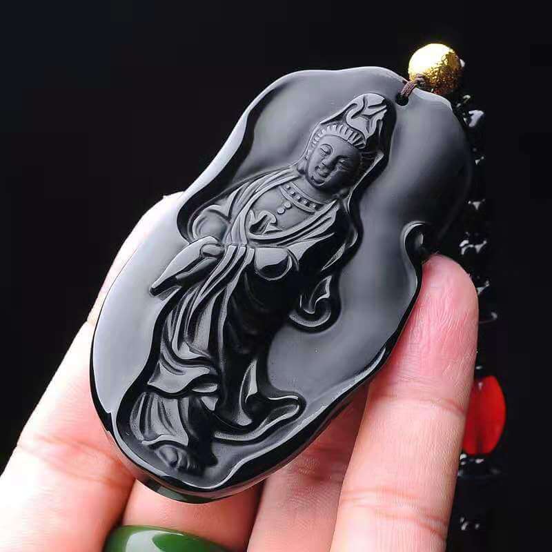 Guan Yin Pendant Obsidian Talisman Necklace-Taikongsky