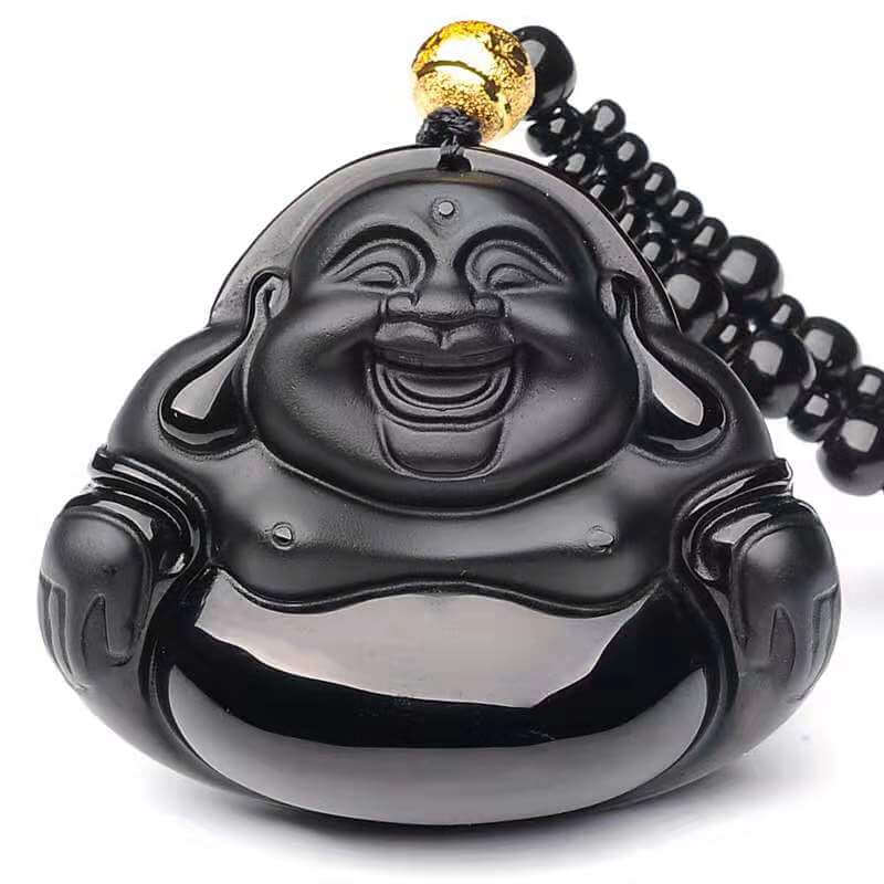 Laughing Buddha Pendant Obsidian Talisman Necklace-Taikongsky