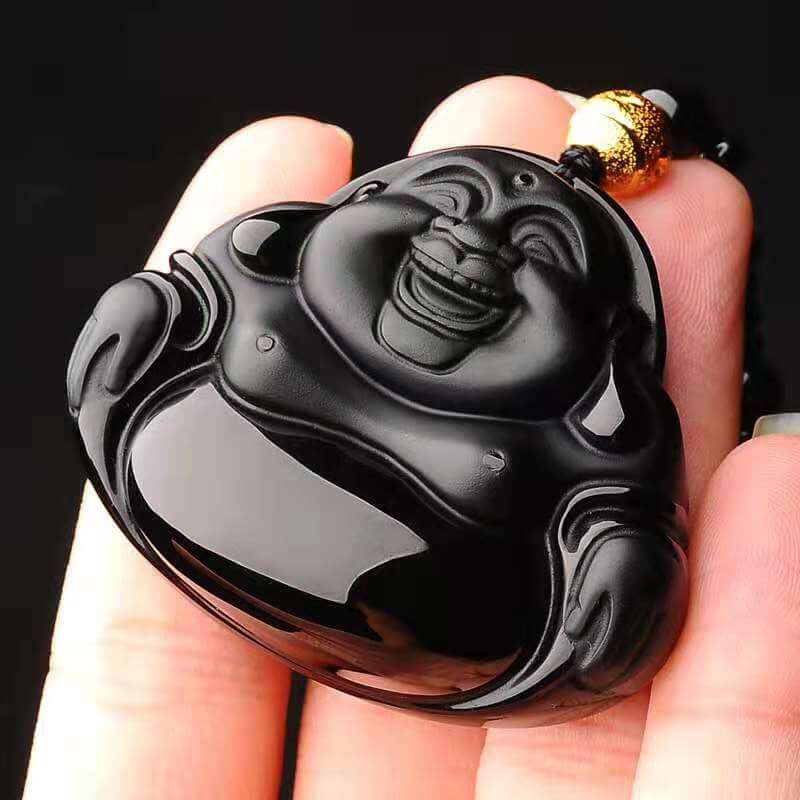 Laughing Buddha Pendant Obsidian Talisman Necklace-Taikongsky