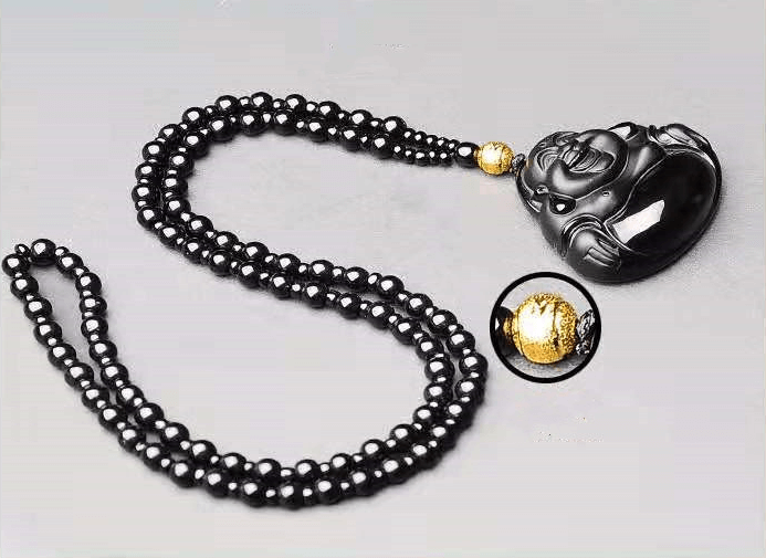 Laughing Buddha Pendant Obsidian Talisman Necklace-Taikongsky