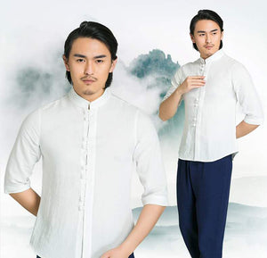 Men’s White Chinese Style Short Sleeves Shirt-Taikong Sky