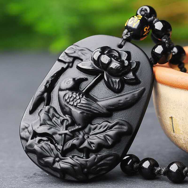 Oriole Lotus Pendant Obsidian Necklace-TaikongSky
