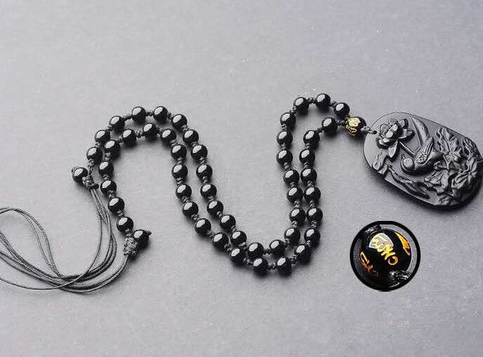 Oriole Lotus Pendant Obsidian Necklace-TaikongSky