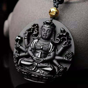 Thousand-hand Guan Yin Pendant Obsidian Talisman Necklace-Taikongsky