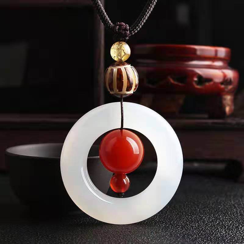 White Chalcedony Red Agate Lucky Buckle Necklace-Taikongsky
