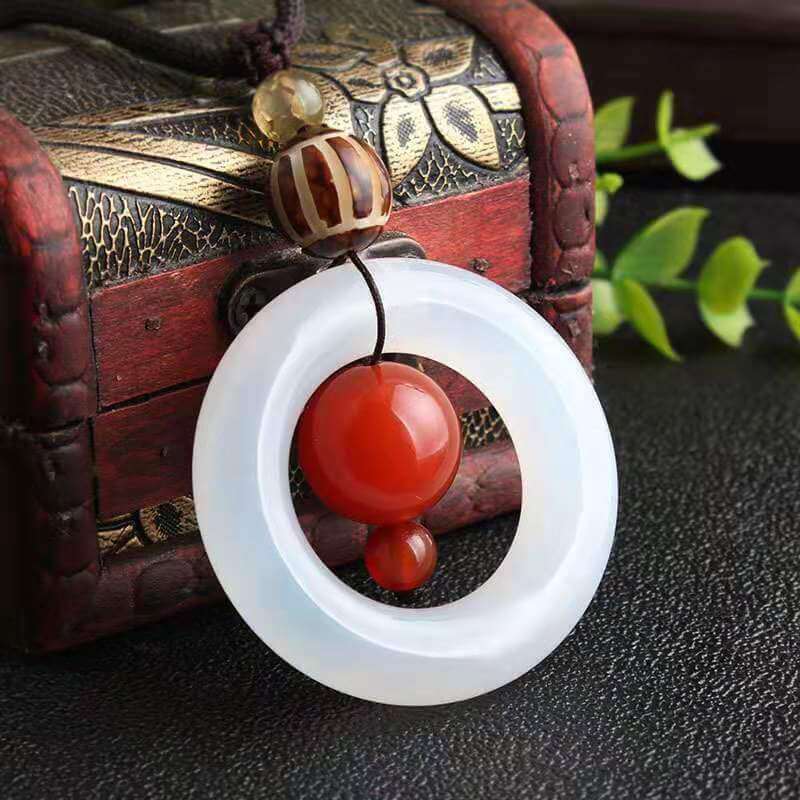 White Chalcedony Red Agate Lucky Buckle Necklace-Taikongsky