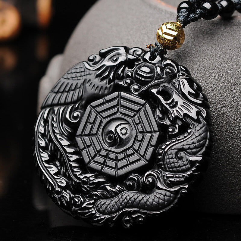 Dragon and Phoenix Bagua Obsidian Talisman Necklace with Extend Bead Chain - Taikong Sky