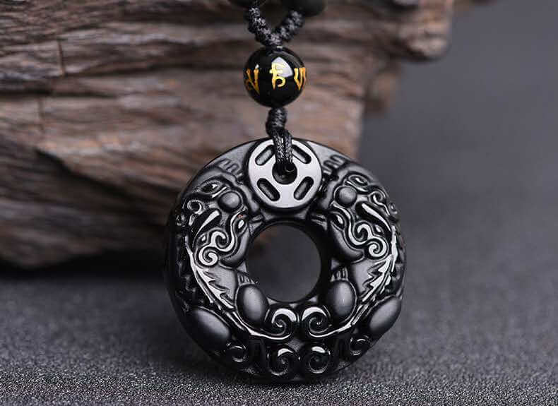 Double Pixiu Obisidian Talisman Necklace with Extend Bead Chain - Taikong Sky