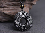 Double Pixiu Obisidian Talisman Necklace with Extend Bead Chain - Taikong Sky